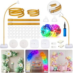 OurWarm Balloon Arch Kit with LED Lights, 9.35FT & 6FT Free Bending Half Balloon Arch Stand with Base, Gold Backdrop Stand for Wedding Birthday Party Baby Shower Yard Lawn Graduation Decorations