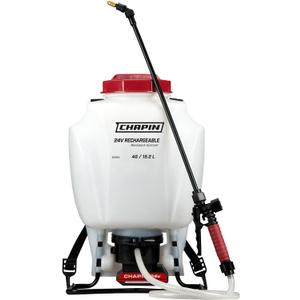 Chapin International 63924 4-gallon 24V Extended Spray Battery Backpack Sprayer, With Adjustable Brass Nozzle, 1-pack, Translucent White