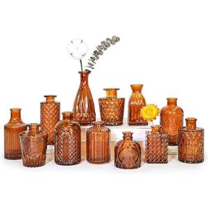 SUPMIND 4Pcs Glass Bud Vase Set, Small Dark Brown Flower Vase for Centerpieces, Bud Vases in Bulk, Mini Vintage Vase for Rustic Wedding Decorations（Amber）