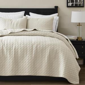 palassio Beige 100% Cotton Quilt King Size Bedding Sets with 2 Pillow Shams, Textured Lightweight Soft Bedspread Shabby Chic Coverlet, Neutral Quilted Comforter Bed Cover for All Season, 3 Pieces (Block-wheat)