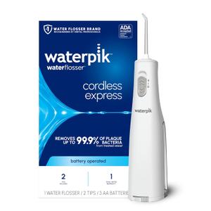 Waterpik Cordless Express Water Flosser, Battery Operated & Portable for Travel & Home, ADA Accepted, Waterproof for Shower Use, White WF-02, (6 Piece Set)