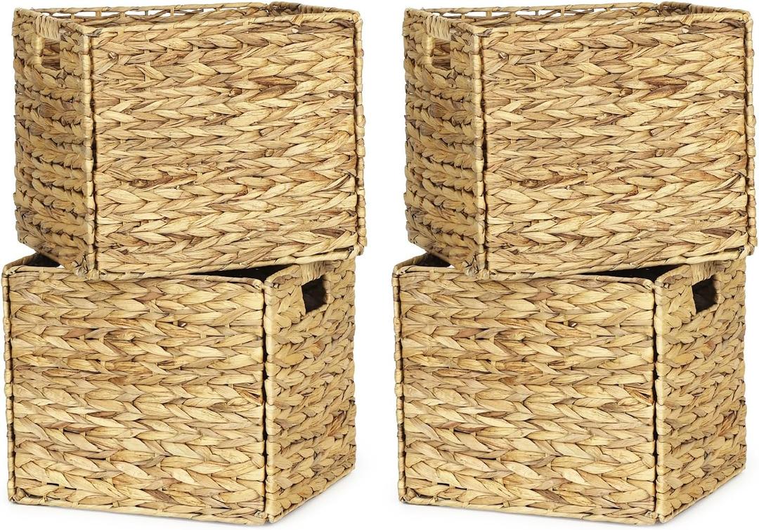 Rectangular Storage Baskets 13x11in, 4 Pack Water Hyacinth Wicker Bins with Handles, Foldable Natural Organizer for Shelves Kitchen Closet, Handwoven Storage Cubes