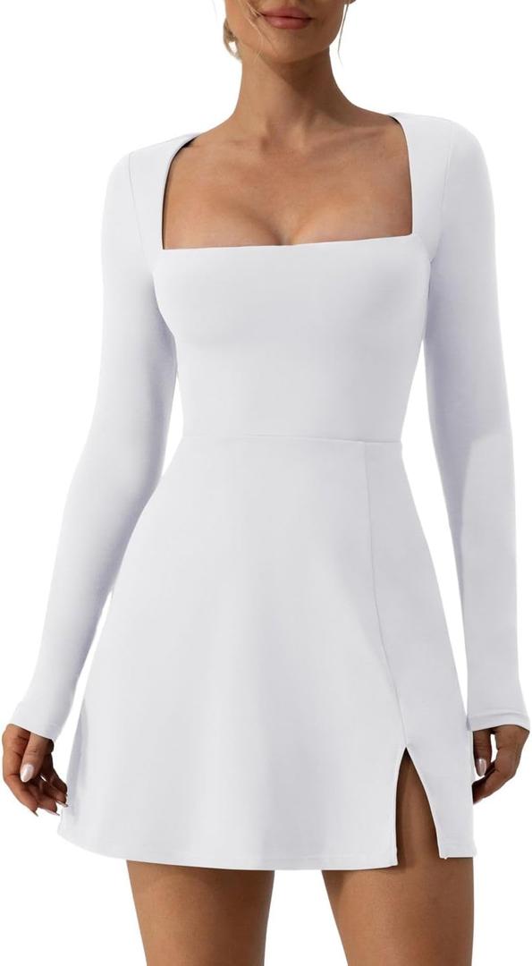 QINSEN Womens Square Neck Bodice Dress Long Sleeve Side Slit Flare Mini Dresses (Medium, White)