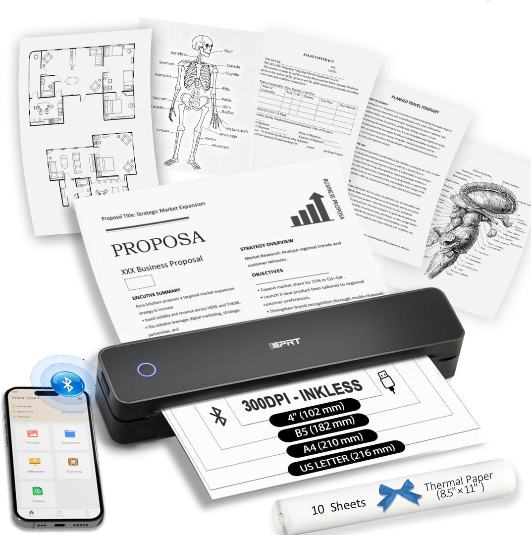 Inkless Portable Printer for Travel, 300DPI Wireless Thermal Printer Support 8.5" x 11" US Letter, A4, MT610Pro Small Bluetooth Printers Compatible with iOS, Android Laptop for Home Office Car, Black