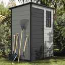 DWVO 5x3ft Resin Outdoor Storage Shed with Floor, Waterproof Lockable Storage Shed with Window, Plastic Outside Tool Storage for Garden, Backyard, Patio, Lawn,Blue-Gray+Black