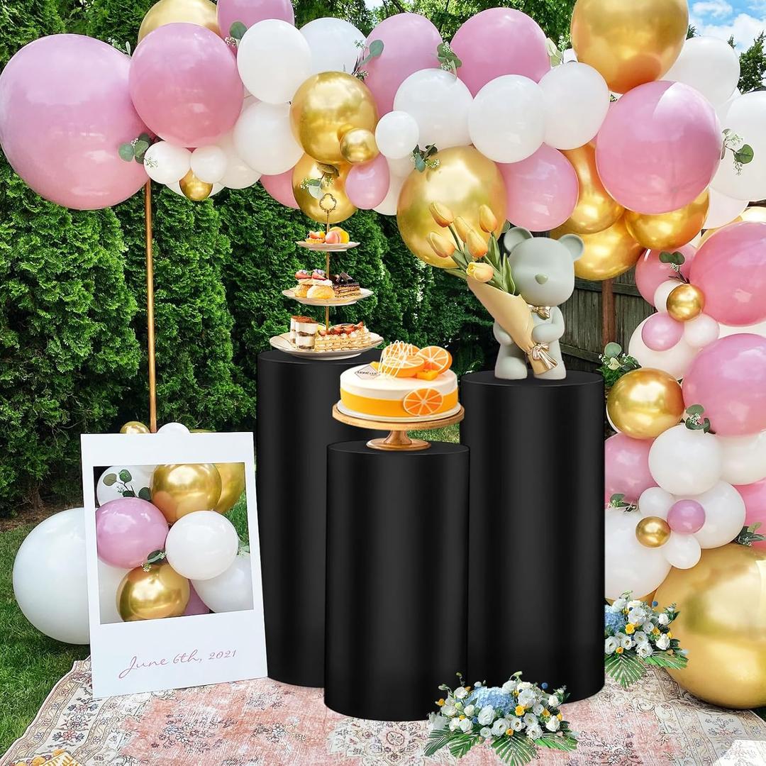 Set of 3 Cylinder Covers - Spandex Pedestal Stand Covers for Parties, Weddings, Baby Showers & More (Black)