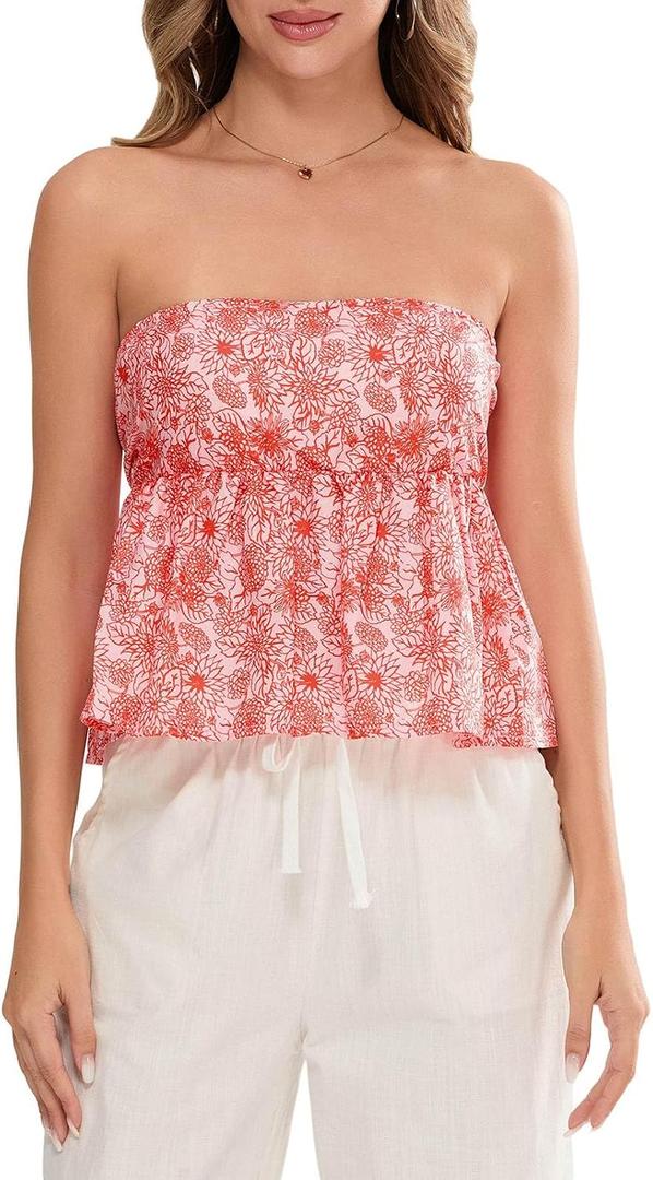 Women's Tie Back Cropped Tube Top Cute Floral Strapless Babydoll Peplum Tops Trendy Summer Casual Flowy Bandeau Outfit, Medium