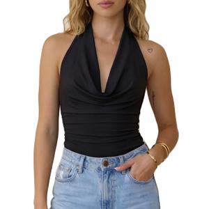Womens Summer Halter Tops Cowl Neck Sexy Club Backless Double Lined Y2K Going Out Tank Top Date Night 2026 Black, Large