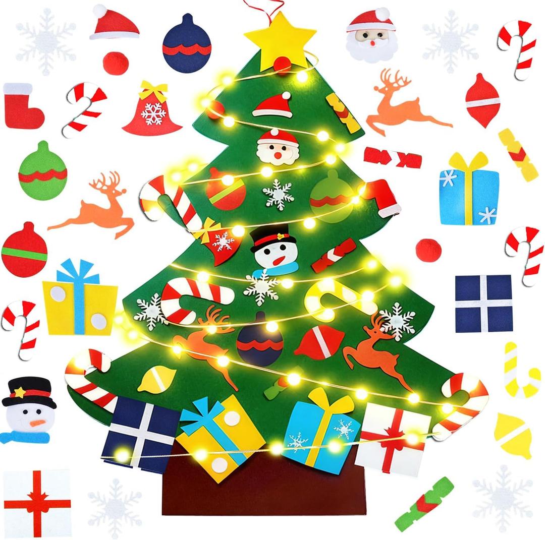 UMEELR 3.3FT Felt Christmas Tree Wall Hanging Decor with 31 Xmas Ornaments & Lights, Montessori Felt Velcro Christmas Tree Holiday Decor for Home, Door, Christmas Party, Xmas Gift