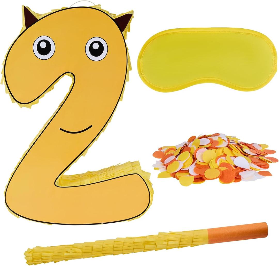 Number 2 Pinata Bundle with a Blindfold and Bat -16 x 11 x 3 Inches, Animal-Themed Pinata Perfect for Boys and Girls Birthday Party Supplies, Yellow-Themed 2nd Birthday Decoration