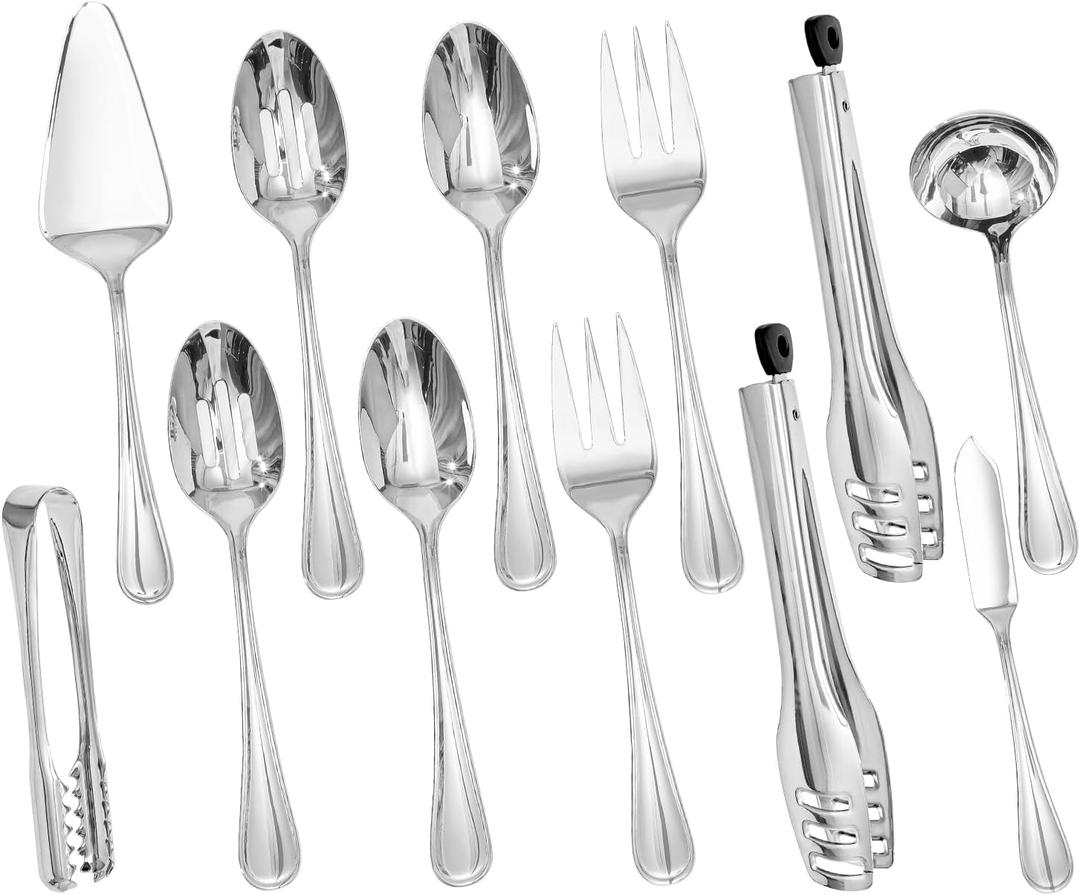 KINGSTONE 12 Piece Teardrop Serving Utensils Set, 18/10 Stainless Steel Serving Utensils, Slotted Spoons, Forks, Tongs, Cake Server, Butter Knife for Buffet, Catering, Wedding, Party (Silver)