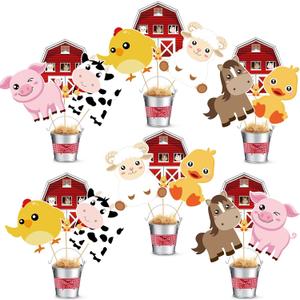 6 Set Farm Animal Party Decorations Farm Animal Centerpiece Sticks with Metal Buckets Table Toppers Animals Theme Party Baby Shower Farm Birthday Party Supplies
