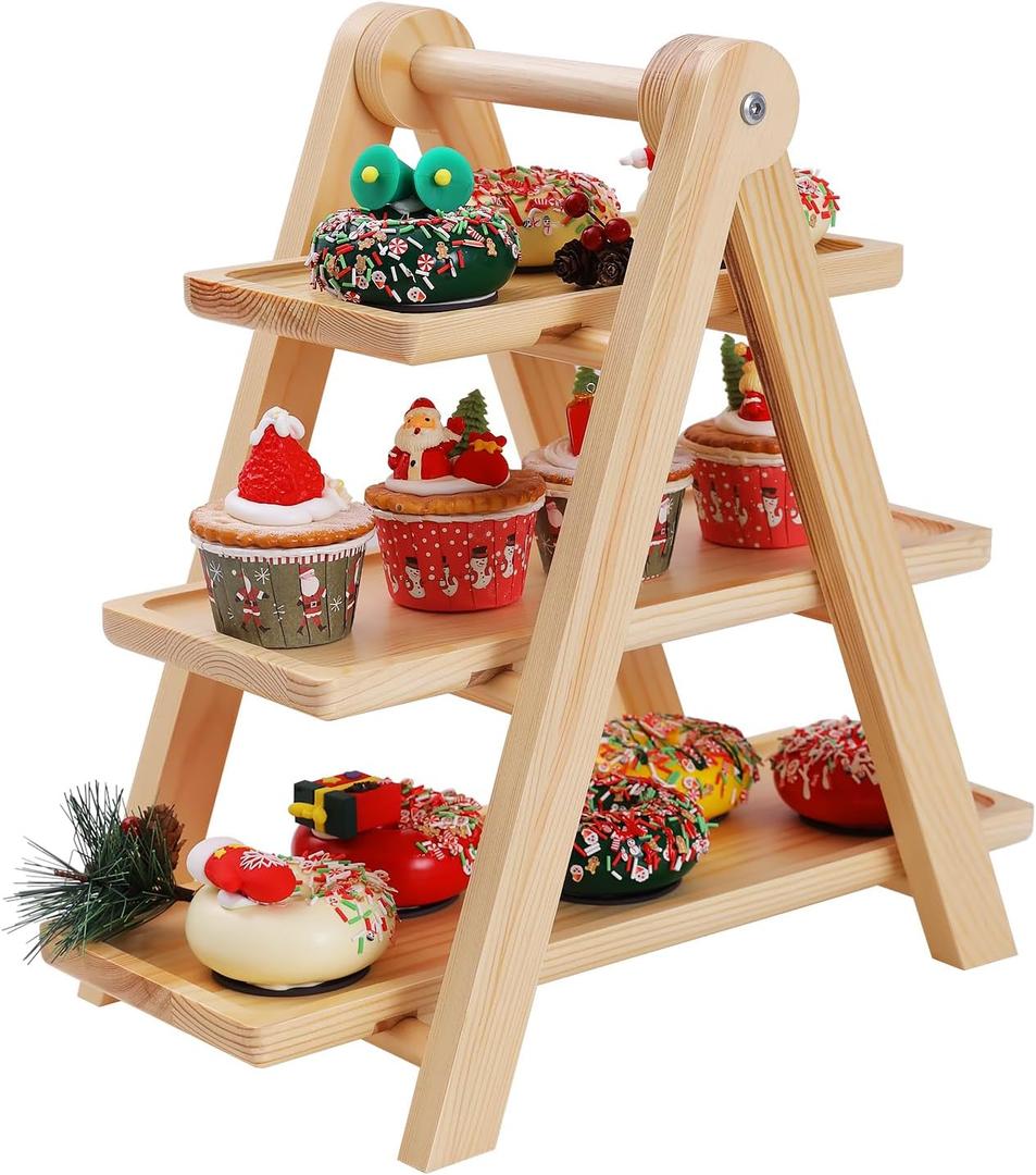 3 Tier Wooden Dessert Stand, Rustic Pine Cupcake Display Stand (5.9 Wide), A-Frame Tiered Tray for Pastries, Snacks, Party Table & Kitchen Decor