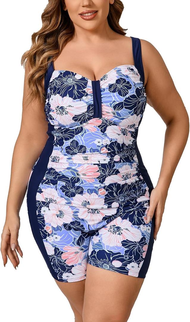 Halcurt Women's Plus Size Boyleg One Piece Swimsuit with Boyshorts Ruched Tummy Control Bathing Suit, Size: 1X