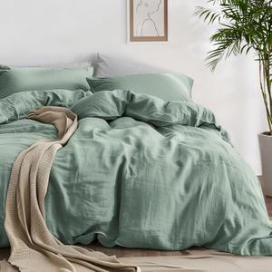 Bedsure 100% Washed Cotton Duvet Cover Cal King - Olive Green Minimalist Duvet Cover Linen Like - GentleSoft Plain Simple Bedding Set with 2 Pillow Shams (Olive Green, California King, 104"x98"), Green (No Comforter)