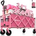 34'' Extra Long Collapsible Wagons Carts Foldable, 360LBS Heavy Duty Folding Beach Wagon Cart with Wheels, Portable Utility Outdoor Wagon for Grocery, Shopping, Garden, Sports, Camping, Pink