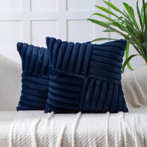 All Smiles Couch Decorative Throw Pillow Covers 18x18 Set of 2 Faux Fur Plush Soft Fluffy Velvet Cushion Case Cozy Fuzzy Striped Pillowcase Home Decor for Bed Sofa Living Room, Navy Blue
