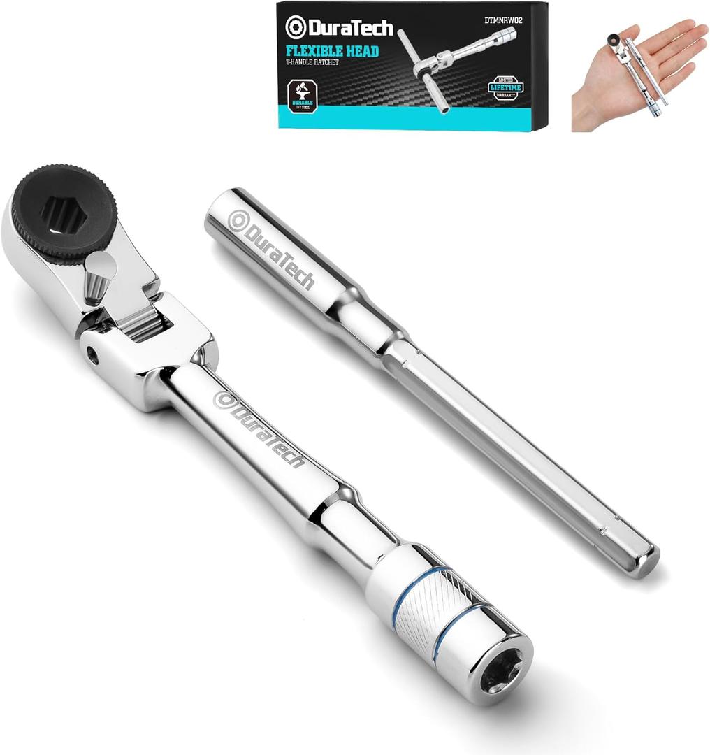 DURATECH 1/4" Flex Head T-Handle Ratchet, Mini Ratchet Wrench with Hex Bit Extension Set, Compatible with Standard 1/4" Hex Bits or Sockets, Portable and Versatile Repair Tool for Tight Spaces