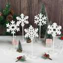 AimFun 5 Pcs Wooden Christmas Snowflake Sign Winter White Glitter Snowflake Decorations Holiday Wonderland Snowflake Wood Stand Signs for Xmas Party Home Tabletop Tiered Tray Decor