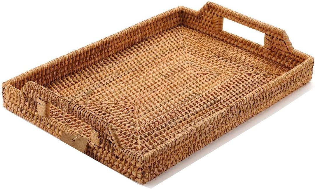 Handwoven Rattan Serving Tray with Handles 17" Rectangular Wicker Tray for Coffee Table, Breakfast, Drinks, Fruit, Snacks, Ottoman & Kitchen Counter Decor