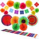 16 Pieces Fiesta Party Decorations Hispanic Heritage Month Decorations, 1 Serape Table Runner, 6 Colorful Paper Fans Round Wheel Disc, 8 Pom Poms Flowers, 1 Felt Papel Picado Banner for Cinco De Mayo