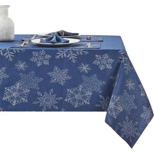 Rectangle Fancy Metallic Sparkling Snowflake Christmas Fabric Table Cloth red Hunter Gold Navy White Silver No-Iron Soil Resistant Woven Holiday Table Cover(Navy Silver/52x70Inch)