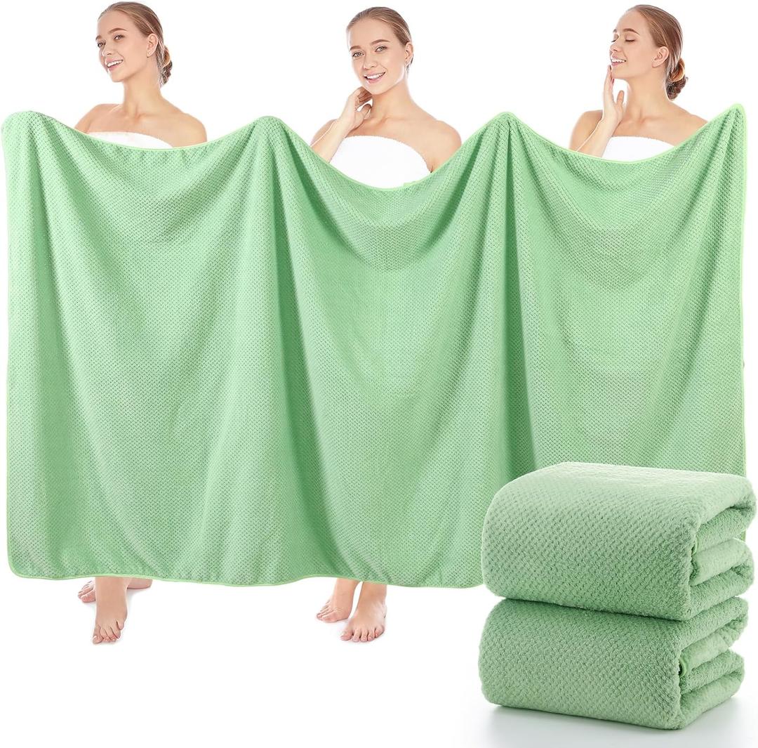 Lounsweer 2 Pcs Extra Large Bath Towel Set 40 x 80 Inches Oversized Bath Sheets for Adults Jumbo Soft Highly Absorbent Coral Fleece Shower Towel for Hotel Bathroom Guest Spa Gym (Green)