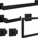 5pcs Bathroom Hardware Set, 24in Towel Bar Set, Including Square Towel Bar Square Towel Ring Toilet Paper Holder Towel Hooks, Set SUS304 Stainless Steel, Wall Mounted (Black)