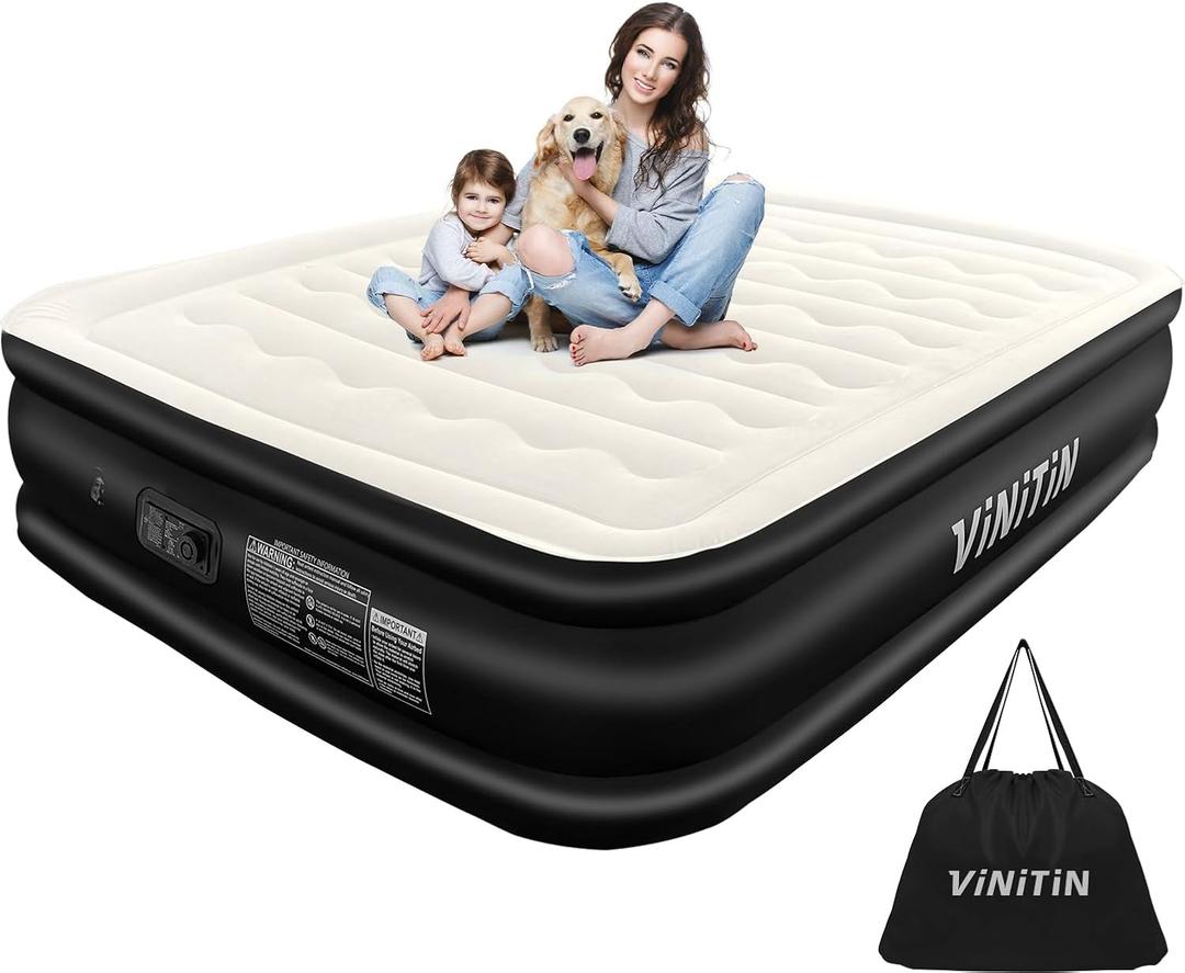 Air Mattress Queen with Built in Pump, 18" Elevated Inflatable Blow Up Mattress with Self-Inflation/Deflation, Soft Flocked Top Air Bed for Guest, Home,Camping, 80x60x18in, Max 660lb, Black