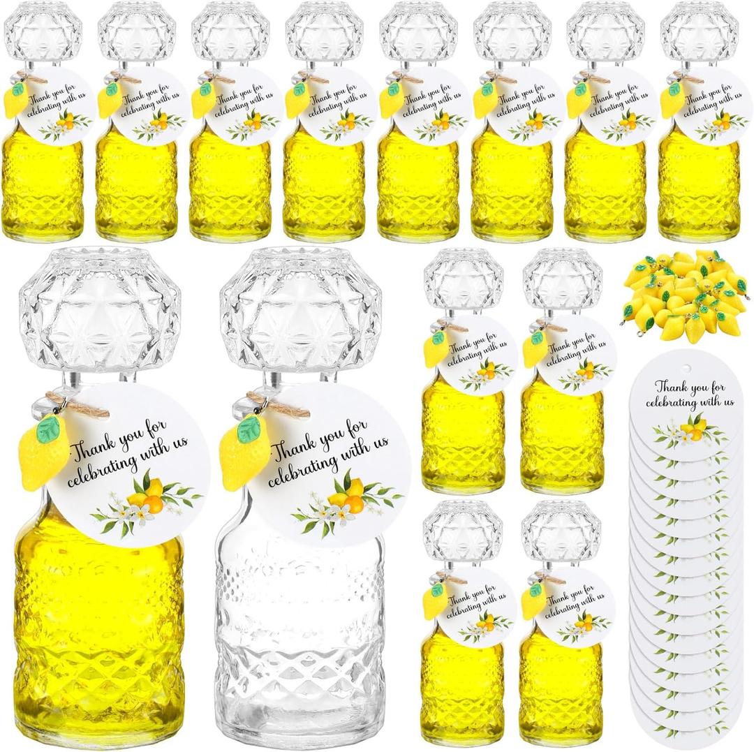 Chuangdi 16 Sets Mini Limoncello Glass Bottles Limoncello Bottles with Labels 1.7 oz Lemon Pendants Lemon Party Favors for Christmas Homemade Brewing Wedding Baby Shower Gifts(Delicate)