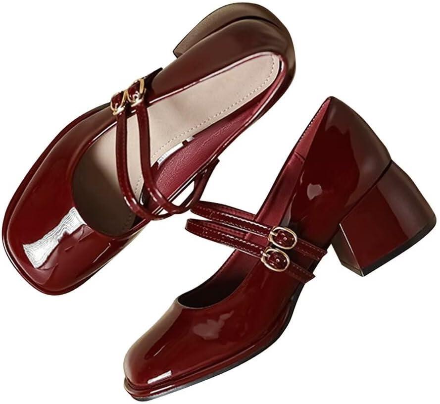 Stunner Women's Chunky Low Block Heels Dress Pumps Comfortable Closed Square Toe Mary Jane Pumps Wine Red 41(8.5)