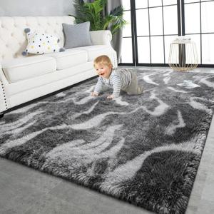 TWINNIS Super Soft Shaggy Rugs Fluffy Carpets, 6x9 Feet, Indoor Modern Plush Area Rugs for Living, Bed Room Kids Room Nursery Home Decor, Upgrade Anti-Skid Rectangular Fuzzy Rug, Black Grey