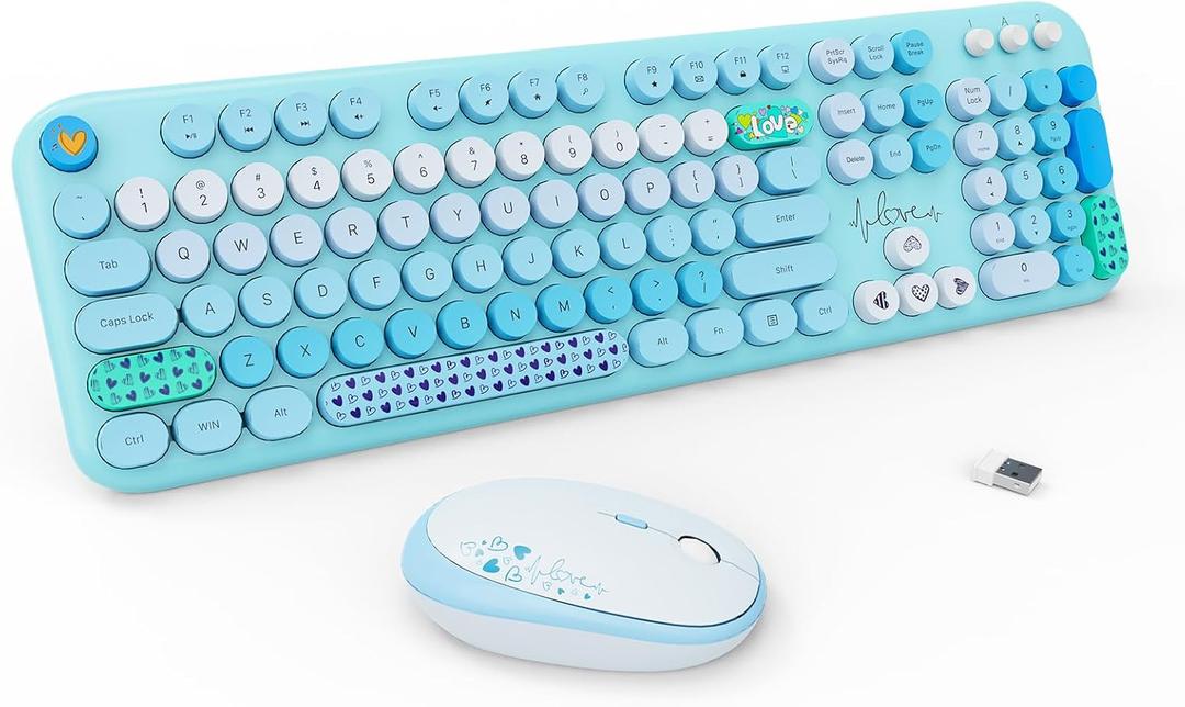 Wireless Keyboard Mouse Combo,MOFII 104 Round Keys Lovely Full-Size Cute Colorful Computer Typewriter Keyboard and Mouse with Retro Keys for PC/Mac/Laptop/Tablet/Computer/Windows Coffee (Blue)