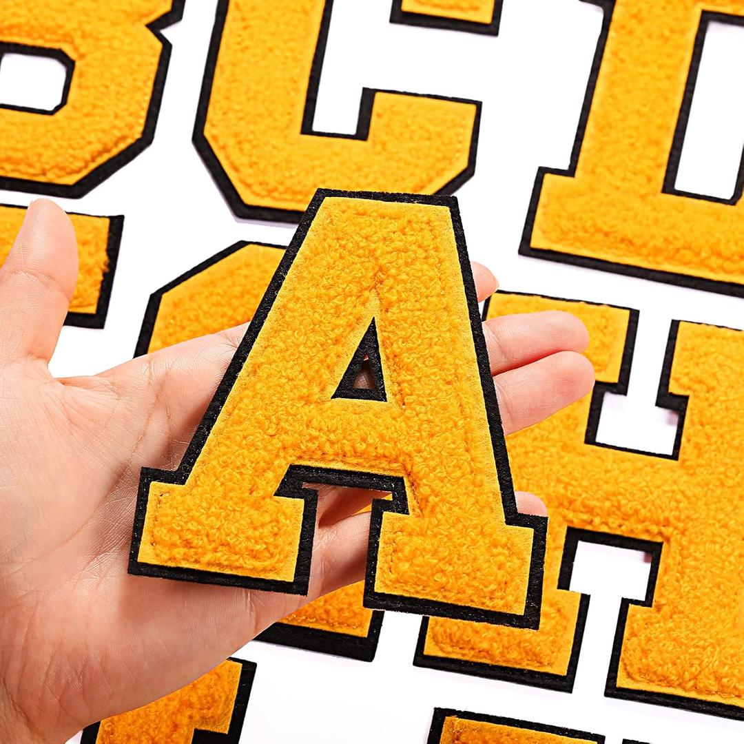 Waydress 26 Pcs Chenille Letter Iron on Patches 4.5 Inch Sew On Chenille A-Z Alphabet Letter Patches for DIY Supplies(Saffron Yellow Style)