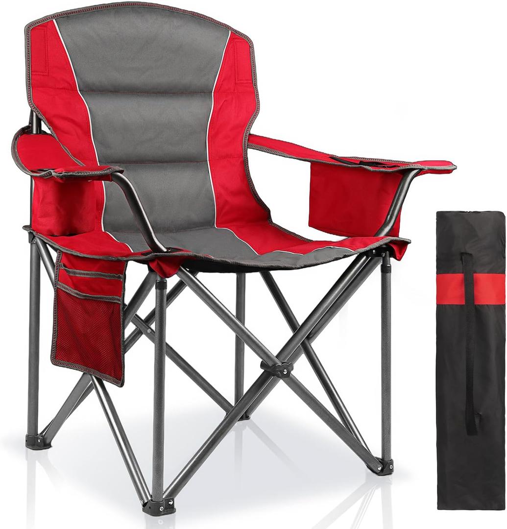 Oversized Padded Camping Chairs for Adults,Heavy Duty Support 400 Lbs,Folding Portable Lawn Chair w/Cup Holder,Cooler Bag,Side Pocket,Perfect for Outdoor Picnic,Hiking(Red), 1 Pack