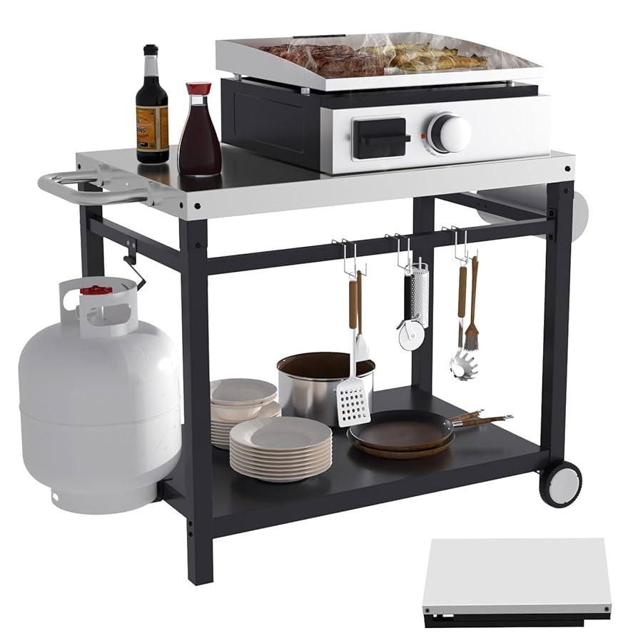 Pizza Oven Cart for Outdoor Kitchen Worktable, Dining Cart Table with Double-Shelf for Blackstone Ninja Woodfire Grill (Cart Only)