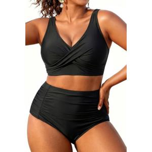 Aqua Eve Women Plus Size Two Piece Swimsuit High Waisted Bikini Set Tummy Control Bathing Suit Black 16W