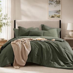 King Comforter Set - 7 Pieces Green Textured Bed in a Bag King Bedding Set