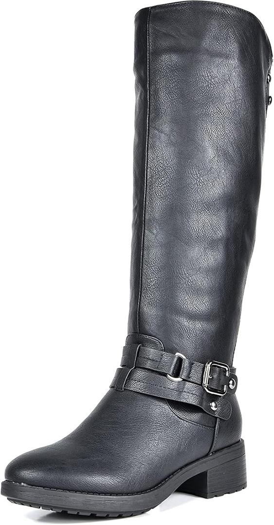 DREAM PAIRS Women's Knee High Boots, Buckle Riding Boots, Size 8, Black, UNCLE