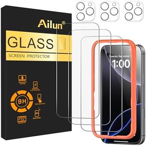 Ailun 3 Pack Screen Protector for iPhone 16 Pro Max [6.9 inch] + 3 Pack Camera Lens Protector with Installation Frame,Case Friendly Tempered Glass Film[9H Hardness][Not for iPhone 16e/16/16 Pro/Plus]