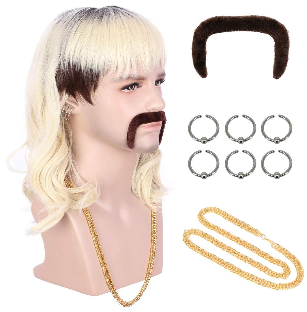 Karlery Adult Men 70s 80s Rocker Mullet Long Wave Beige Blonde Dark Root Mutsache Wig with 6 Earrings and Golden Necklace Halloween Costume Cosplay Wig