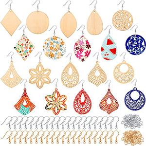296 Pieces Unfinished Wooden Dangle Earring Set 48 Blank Wooden Pendants Teardrop Earrings with 48 Hooks 200 Jump Rings for DIY Jewelry 10 Styles (Natural Wood Color) count unconfirmed