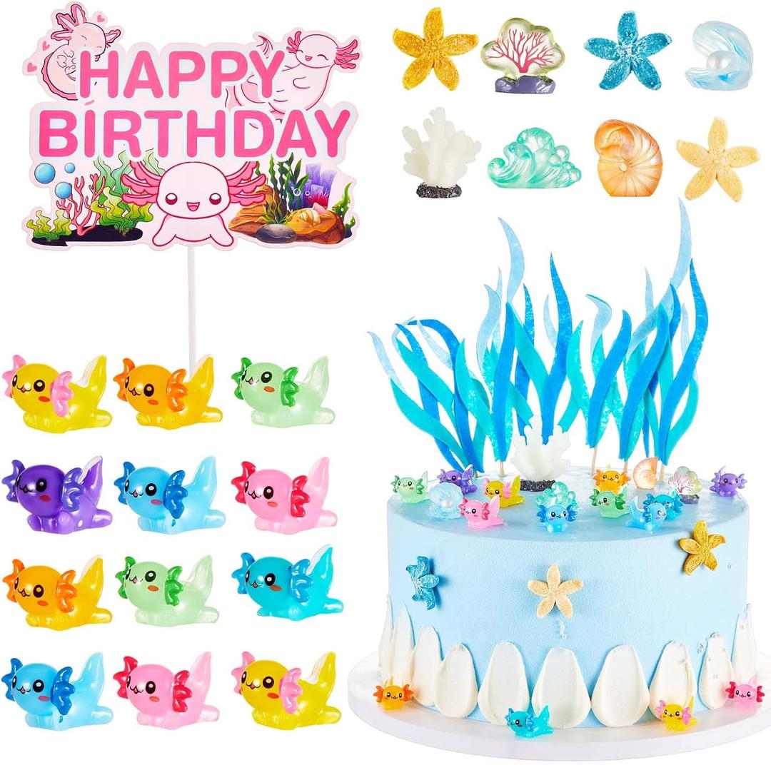 26 Pcs Axolotl Birthday Decorations Supplies Include 1 Cake Topper 3 Bags Artificial Seagrass 22 Pcs Axolotl Toy Cake Decorations for Ocean Party