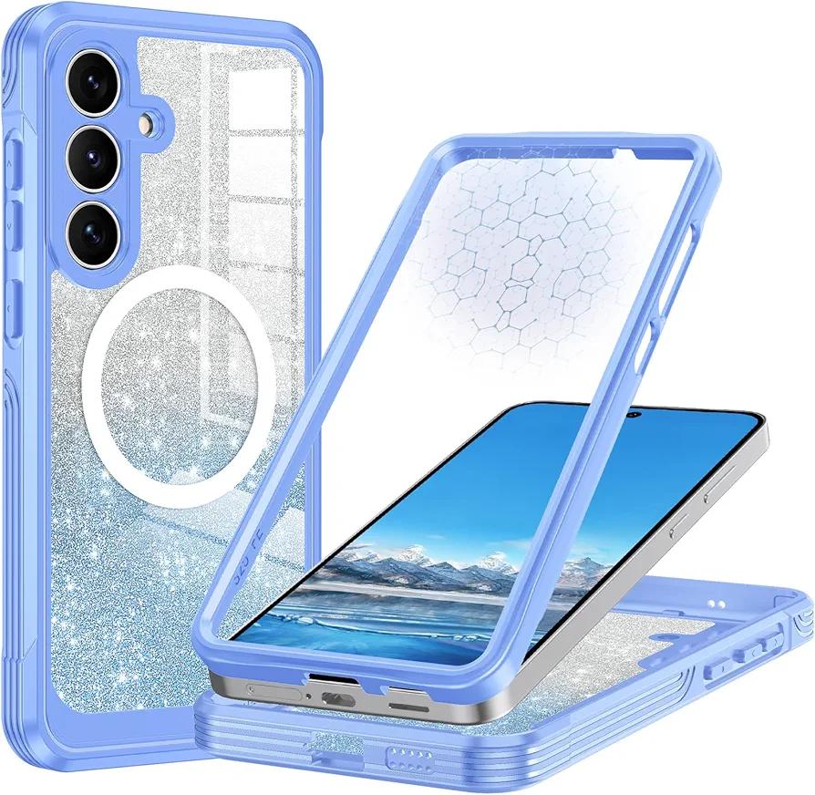 Hekodonk for Galaxy S25 FE Case Glitter,Compatible with MagSafe[Built-in Tempered Glass Screen Protector & Camera Lens Protection] Full Body Shockproof Protective Bling Phone Case,Blue