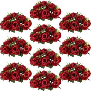 Wedding Flower Balls for Centerpieces - 10 Pcs Artificial Flower Ball Arrangement Bouquet, Fake Flowers Rose Balls for Weddings, Birthday Party, Valentine's Day, Crimson Champagne & White