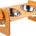Elevated Cat Food and Water Bowl Set with Stand - Bamboo Raised Tilted Feeding Bowls for Kittens and Small Dogs with 2 Stainless Steel Dishes