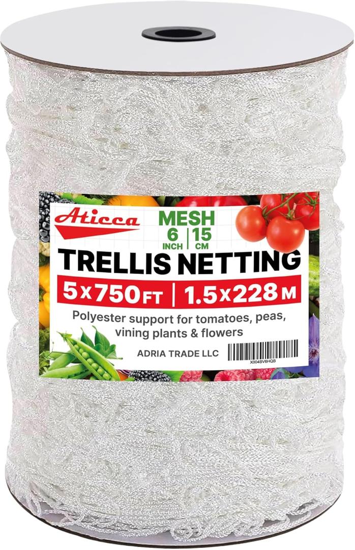 Trellis Netting 5 x 750 ft Heavy Duty Polyester Plant Support Netting White - 6 Inch Garden Rope Trellis on Roll - Mesh Twine for Growing Vine Climbing Plants, Flowers, Peas, and Tomatoes.