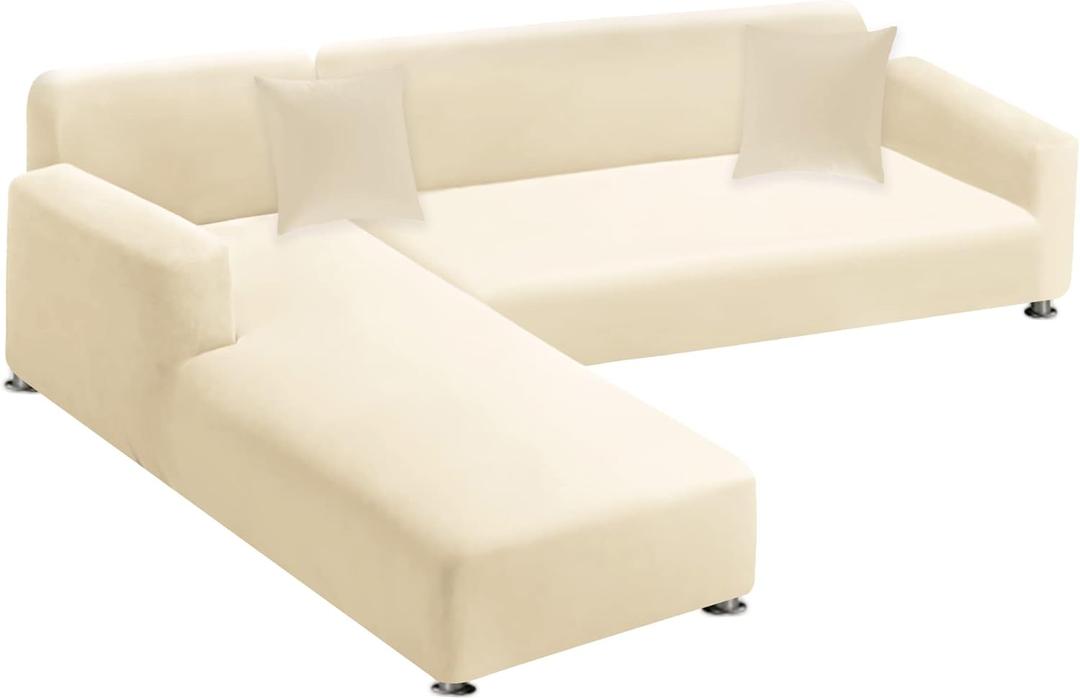 Sectional Couch Covers 2-Piece Softness L Shaped Sofa Cover Super Stretch L-Type Couch Slipcover with 2Pcs Pillowcases Sofa Slipcover 3 Seater + 3 Seater Furniture Protector (Cream White)