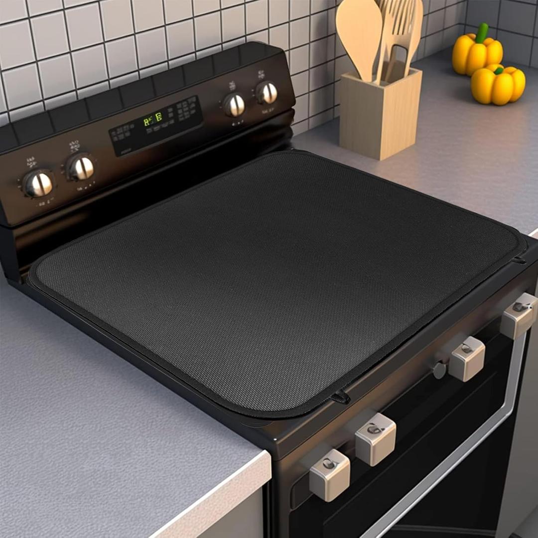 Fireproof Stove Top Covers for Electric Stove,28"x20" Heat Resistant Glass Top Stove Cover Protector,Silicone Coated Fiberglass Stove Top Mat for Prevents Scratching(Black)