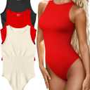 OQQ Women's 3 Piece Bodysuits Sexy Ribbed One Piece Sleeveless Halter Neck Tops Leotard Summer Trendy (Large, Black Red Beige)